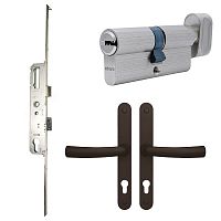 Комплект замка рейка на м/п та алюм.двері VORNE 35*92 мм  з циліндром ABARO і ручками коричневий